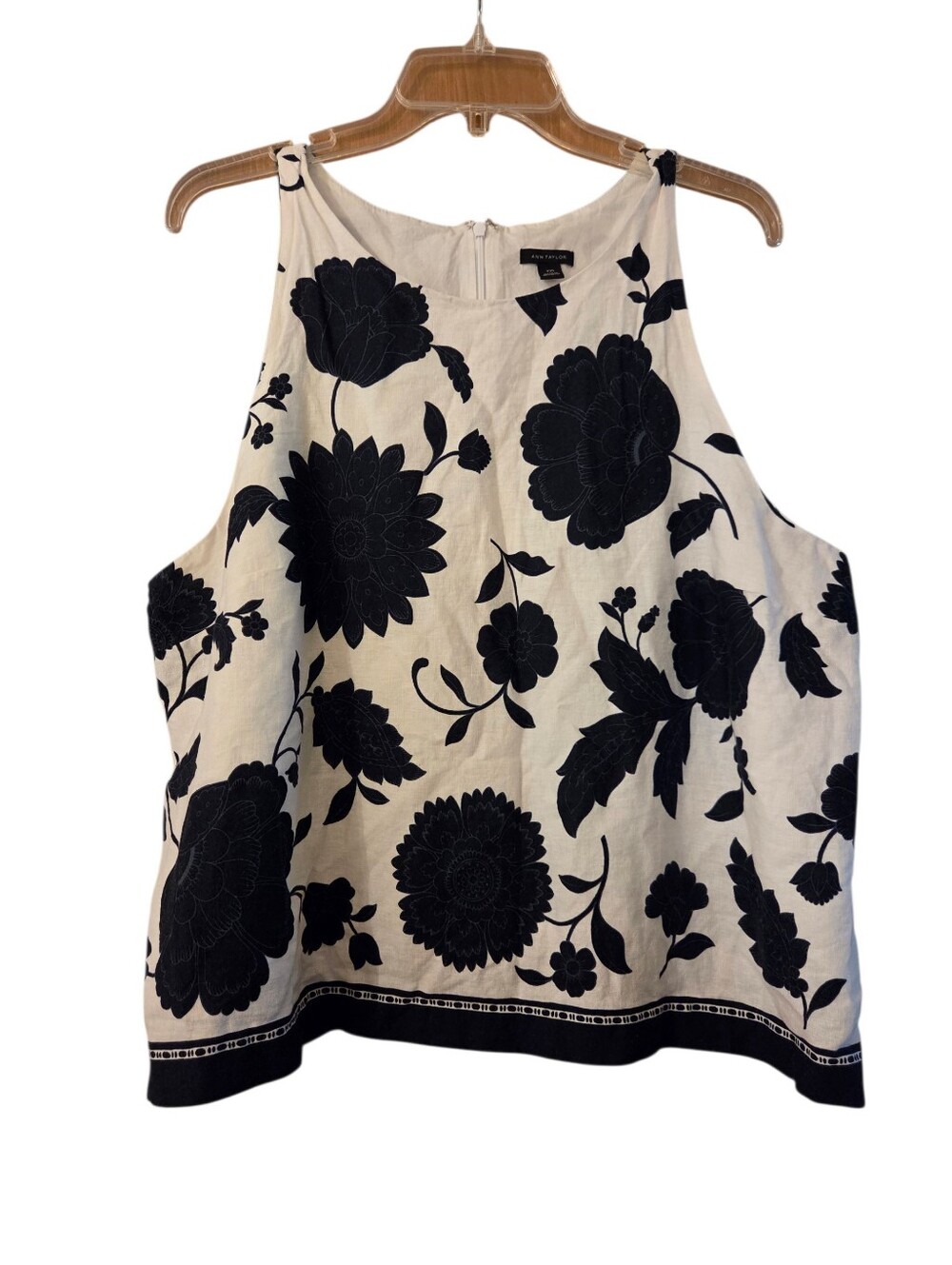 Ann Taylor Sleeveless Black White Floral Top Cotton Linen Beach Plus Size XXL